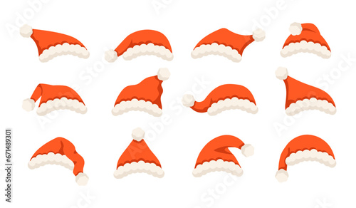 Santa Claus red winter hats collection. Cap with fur traditional element custume Santa. Festive decorative clothing. Vector illustration set in cartoon style.
