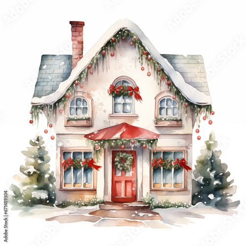 Watercolor small cute Сhristmas house, clipart element on white background