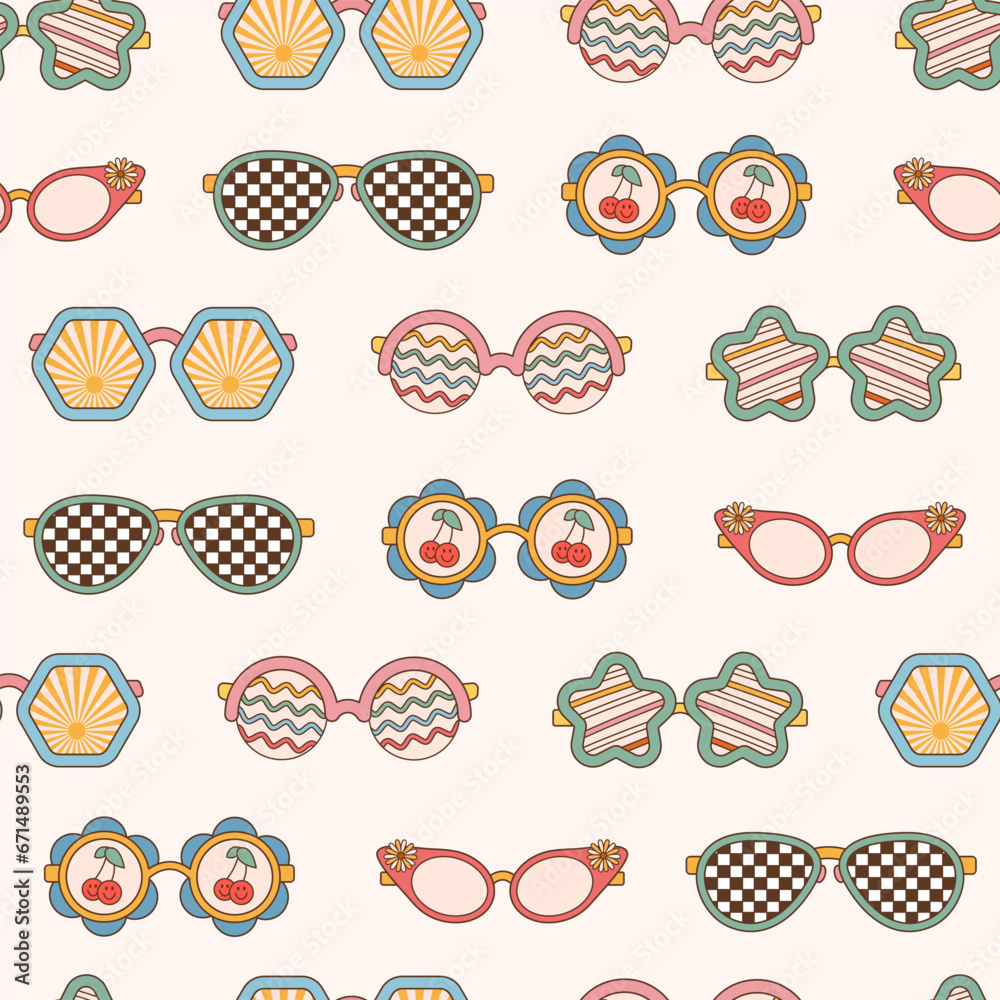 Sunglasses seamless pattern in retro groovy hippie style. Vector illustration 70s 80s
