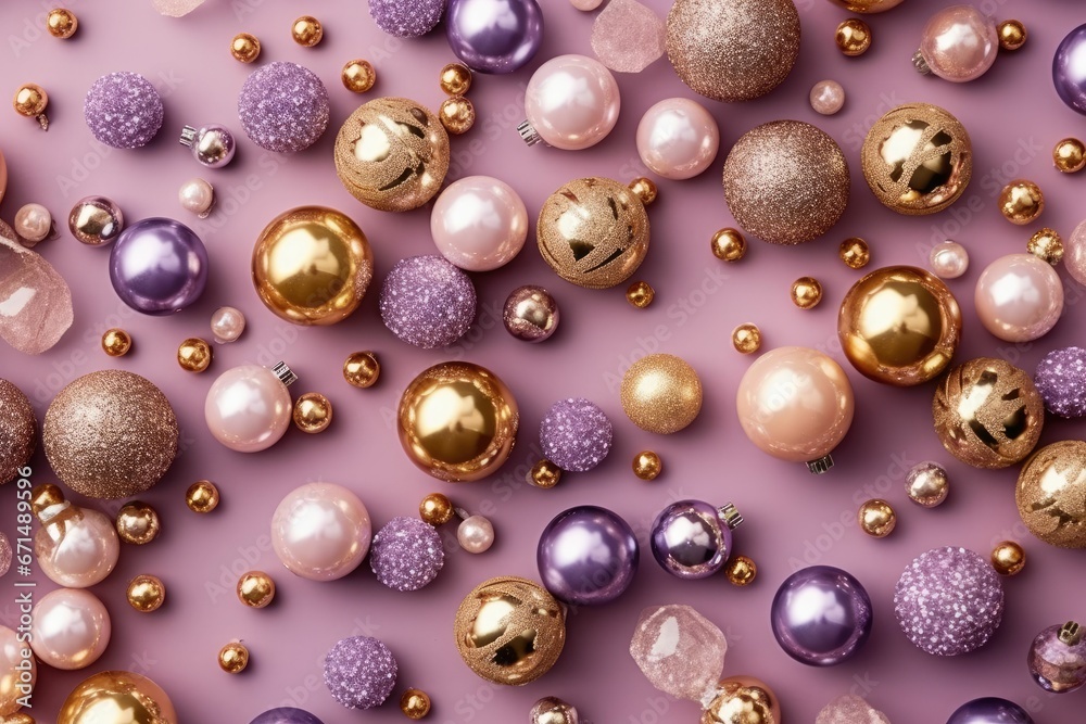 Décorations dorées et paillettes sur fond violet pâle Décorations dorées et paillettes sur fond violet pâle