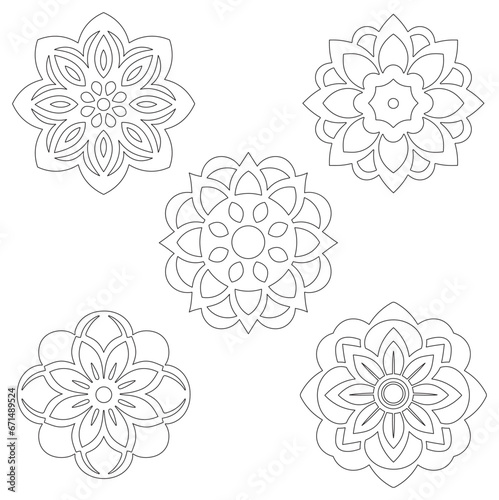 Set of hand drawn Floral Mandal outlines in the of style on white background