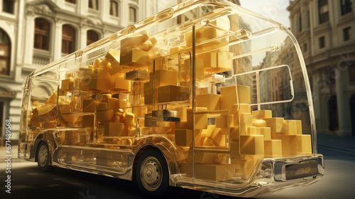 cheese cubes load in glass bus in the modern city
