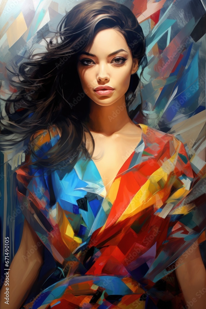 Beautiful supermodel in an abstract, designer dress on an abstract colorful background, close-up Beautiful supermodel in an abstract, designer dress on an abstract colorful background, close-up