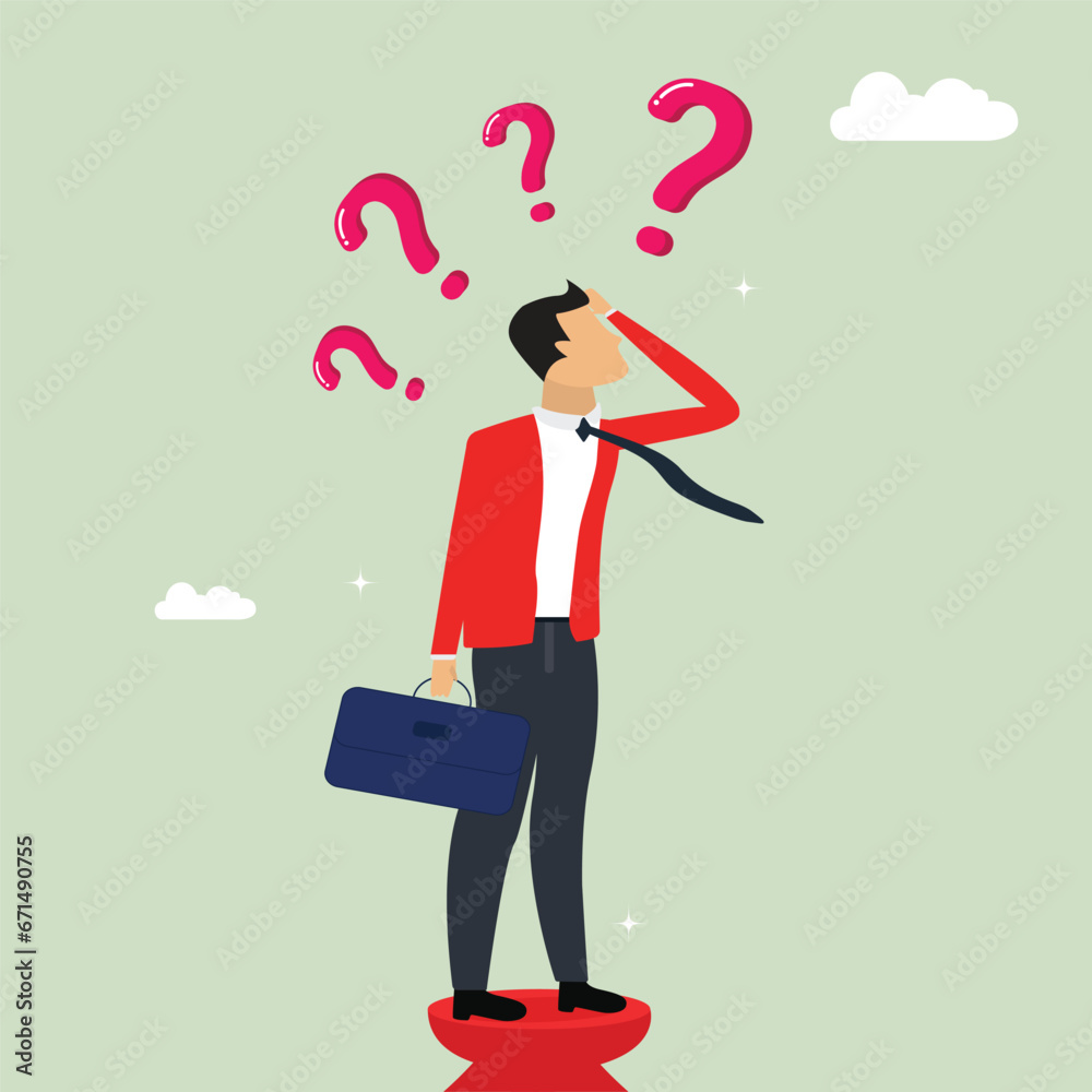 Frustrated businessman thinking and make decision with many question marks, confusion and decision making, looking answer for question or solution concept