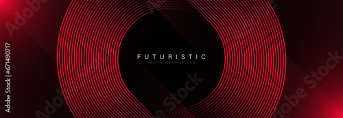 Red geometric abstract background. Futuristic glowing red geometric lines design. Modern gradient rounded lines pattern. Suit for banner, brochure, flyer, cover, presentation, web. Vector illustration