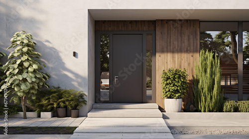 Modern house exterior with gray door and potted flow