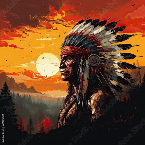 Indian headdress at sunset. Native American portrait. 