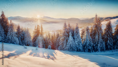 Stunning winter sunrise in the Carpathian Mountains with snow-draped fir trees. A picturesque outdoor view, symbolizing the celebration