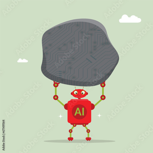Robot holding big stone, pressure from too much traffic concept, overload and stress burden, anxiety from work difficulty