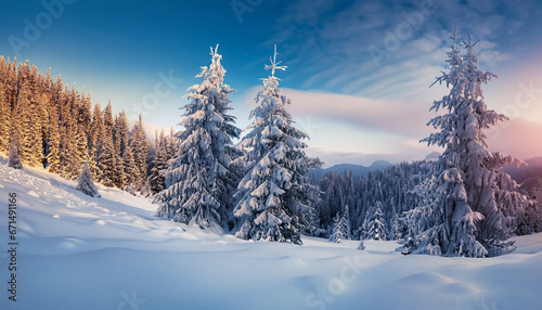 Stunning winter sunrise in the Carpathian Mountains with snow-draped fir trees. A picturesque outdoor view, symbolizing the celebration © Tatiana