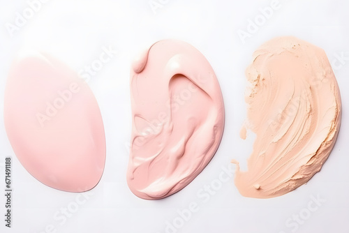 Makeup liquid foundation, beige concealer smears set. Light brown cosmetic make up base cream swatch smudge isolated on white background. BB CC cream texture. Neural network AI generated art