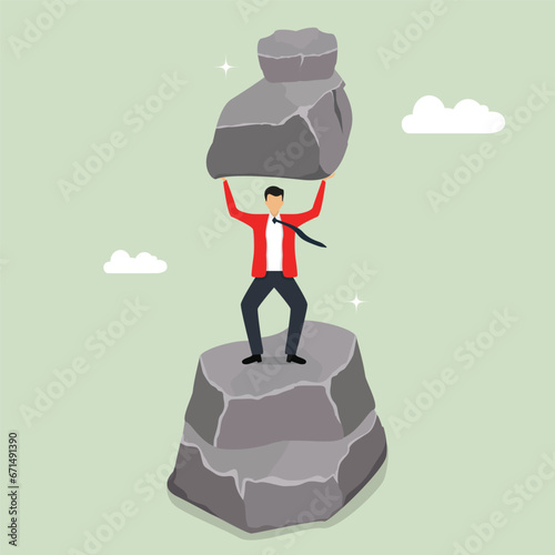 Businessman holding stone, pressure from too much responsibility concept, overload and stress burden, anxiety from work difficulty
