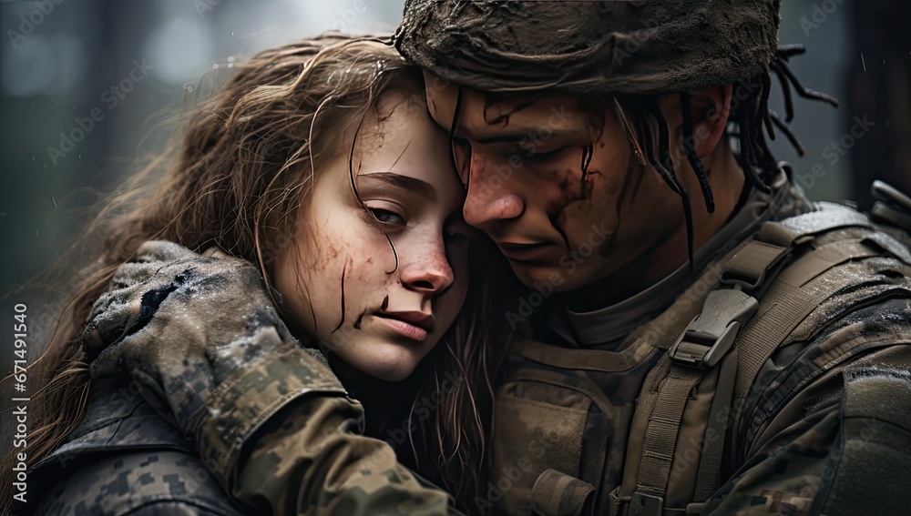 girl is hugging a young soldier in wood