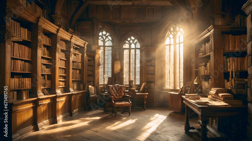 Old medieval library, shelves with ancient books, manuscripts. Sun rays from the window.