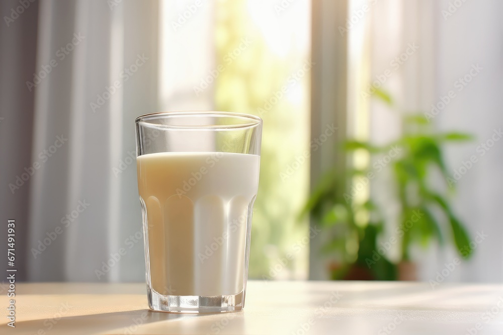glass of milk on table at kitchen with window on the background glass of milk on table at kitchen with window on the background