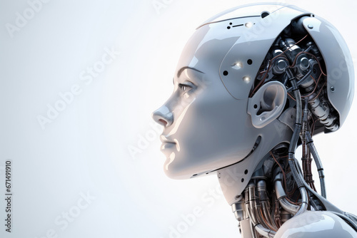 robot woman head who thinks. The concept of dismissal due to the replacement of human with artificial intelligence