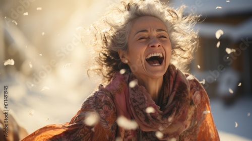 Elderly Woman Reveling in Joyful Winter Snowfall Radiance © _veiksme_