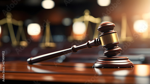 closeup of gavel on judge desk in court room, Concept of law and justice