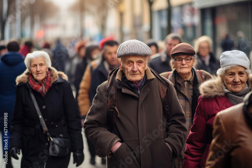elderly man and women pensioners walking the street. Increase in the proportion of older people. photo