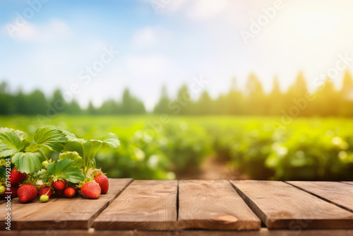 red strawberries on table and blurred green field on the background