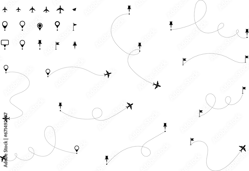 Airplane routes set. Aircraft planes tracking, travel, location pins, map pins. Plane, airplane, aircraft paths. Vector illustration. Airplane routes set. Aircraft planes tracking, travel, location pins, map pins. Plane, airplane, aircraft paths. Vector illustration.