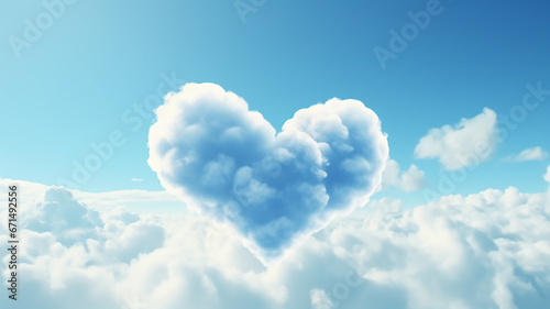 Baby Blue and White Floating Sunlit Heart Shaped Cloud in the Sky. Love, Romance, Romantic Theme. Wide Scale Panoramic Generative AI Made Illustration with Copy Space © bagotaj