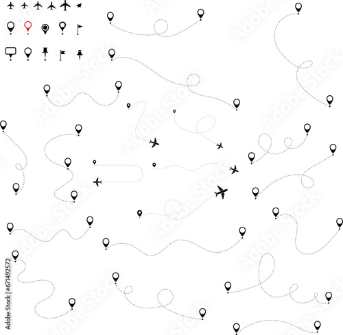 Airplane routes set. Aircraft planes tracking, travel, location pins, map pins. Plane, airplane, aircraft paths. Vector illustration.