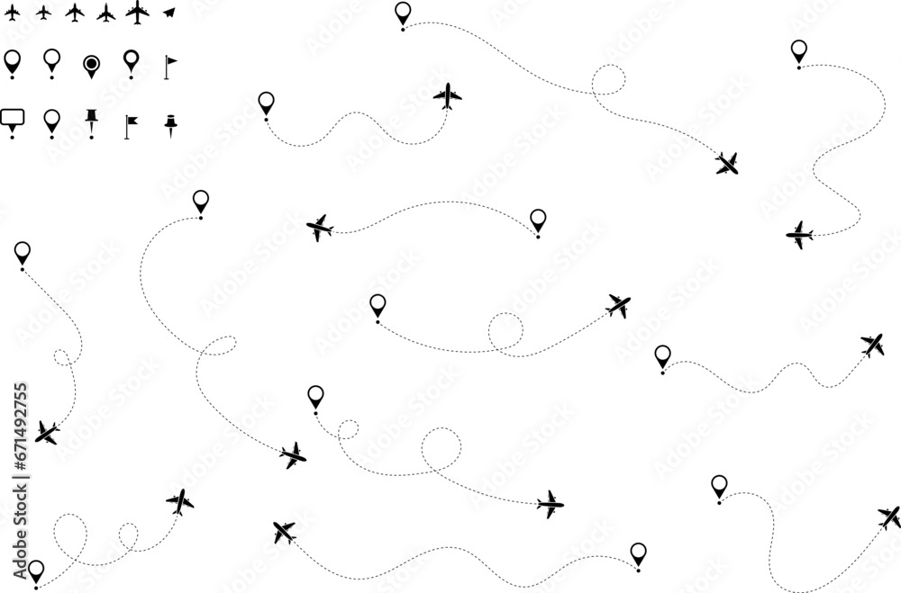 Airplane routes set. Aircraft planes tracking, travel, location pins, map pins. Plane, airplane, aircraft paths. Vector illustration. Airplane routes set. Aircraft planes tracking, travel, location pins, map pins. Plane, airplane, aircraft paths. Vector illustration.