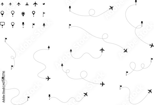 Airplane routes set. Aircraft planes tracking  travel  location pins  map pins. Plane  airplane  aircraft paths. Vector illustration.