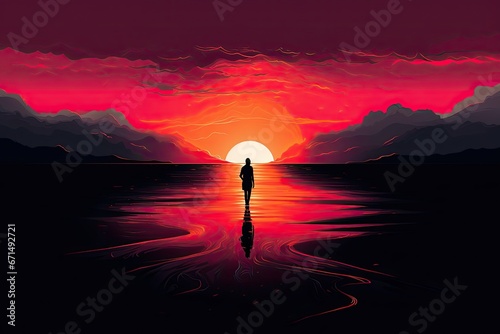 lost person by the sea at sunset illustration