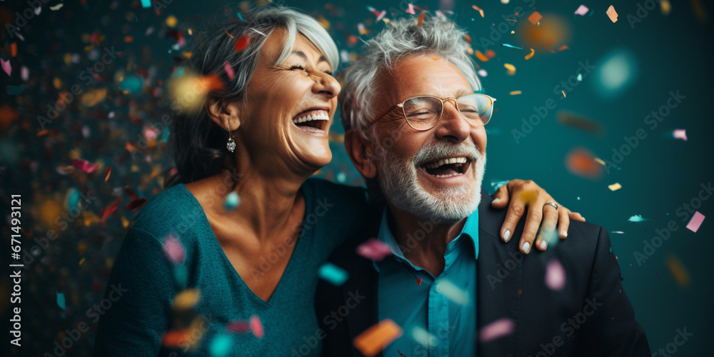 Happy laughing senior couple women and man with glasses and falling confetti on teal blue background. Modern old guy with smile celebrating at party. Winning Lottery. Generative AI. - obrazy, fototapety, plakaty 