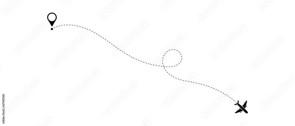Airplane routes set. Aircraft planes tracking, travel, location pins, map pins. Plane, airplane, aircraft paths. Vector illustration.