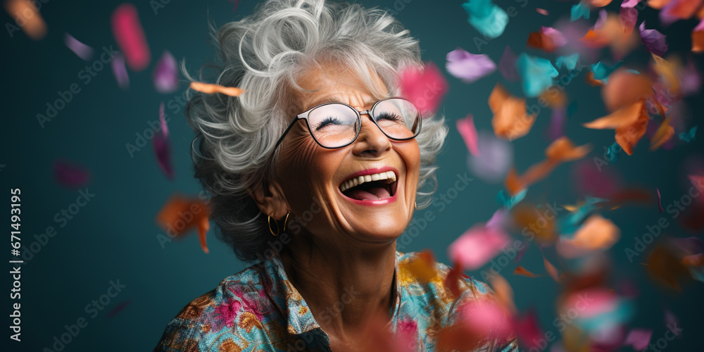 Happy laughing senior woman grandma grandmother with glasses and falling confetti on teal blue background. Modern old guy with smile celebrating at party. Winning Lottery. Generative AI. - obrazy, fototapety, plakaty 