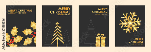 Merry Christmas and Happy New Year greetings, gold design on a black background. Winter vector illustration.