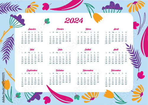 Calendrier 2024 tableau annuel fleurs et feuille couleurs vives