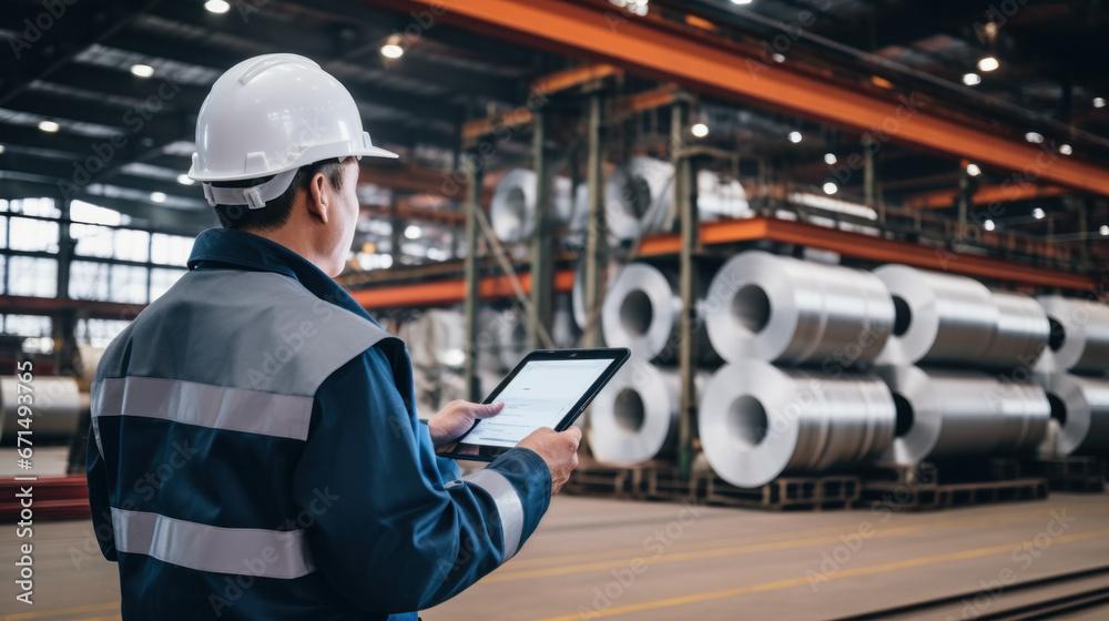 Engineer holding an iPad to inspect the Rolls of galvanized steel sheet inside the factory or warehouse. Engineer holding an iPad to inspect the Rolls of galvanized steel sheet inside the factory or warehouse.