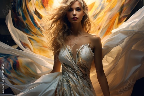 Photo of a beautiful woman surrounded by a light flowing fabric that flutters in the wind, close-up © koplesya