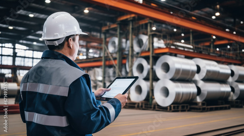 Engineer holding an iPad to inspect the Rolls of galvanized steel sheet inside the factory or warehouse. photo