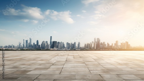 Empty of cement floor with cityscape and skyline background.