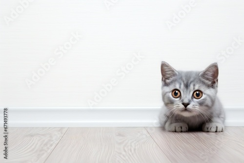Close-up of Grey kitten sitting on the floor at studio. Portrait of kitten pet. Animal and Pet Concept. Copy space empty blank for text. © Yulia
