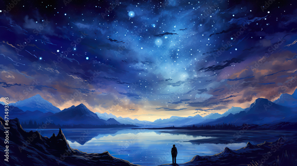 a beautiful majestic magical night at the lake, shining stars on the sky, gift card inspired - obrazy, fototapety, plakaty 