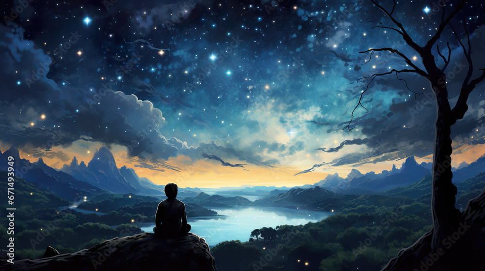 beautiful calm relax illustration at a lake, magical majestic night with a lot of stars, gift card style
