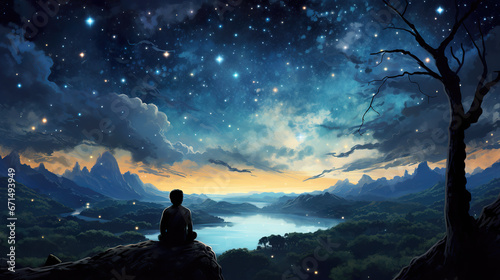 beautiful calm relax illustration at a lake, magical majestic night with a lot of stars, gift card style
