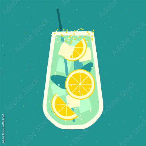 Mocktail with lemon. Cool drink with gin tonic and ice cubes. Vector illustration with texture and noise in retro style. Tall glass mint beverage with straw. Alcohol citrus tropical cocktail