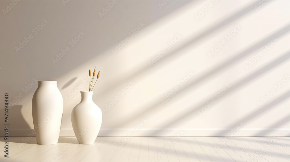 White empty room with vase for flowers, light background with shadows, sunlight Minimalistic concept. Generative AI White empty room with vase for flowers, light background with shadows, sunlight Minimalistic concept. Generative AI