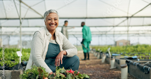 Quadro su tela Mature woman, greenhouse and portrait with working and agriculture work with a smile of farmer