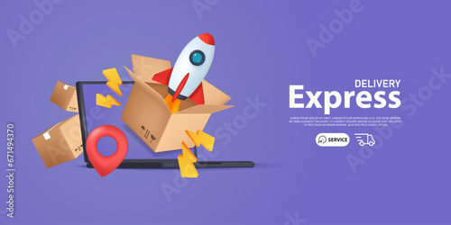 3D Delivery Box. Express Delivery Rocket Launch From Box with laptop on purple background