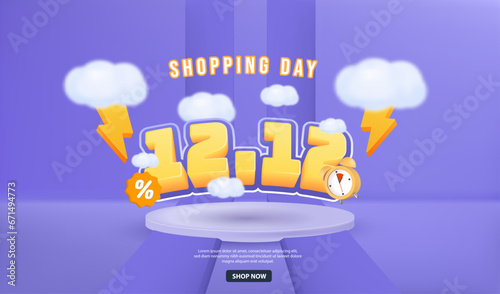 3D Shopping day flash sale 12 12 podium elegant on purple background. Vector illustration