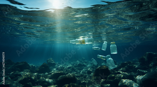 Ocean environmental day. plastic in the water .Save sea plastic pollution.Climate change, Environmental CSR. copy space