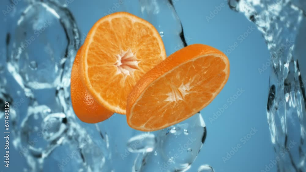 Washing fresh orange slices splashed by clean water droplets falling down in super slow motion on blue background Washing fresh orange slices splashed by clean water droplets falling down in super slow motion on blue background